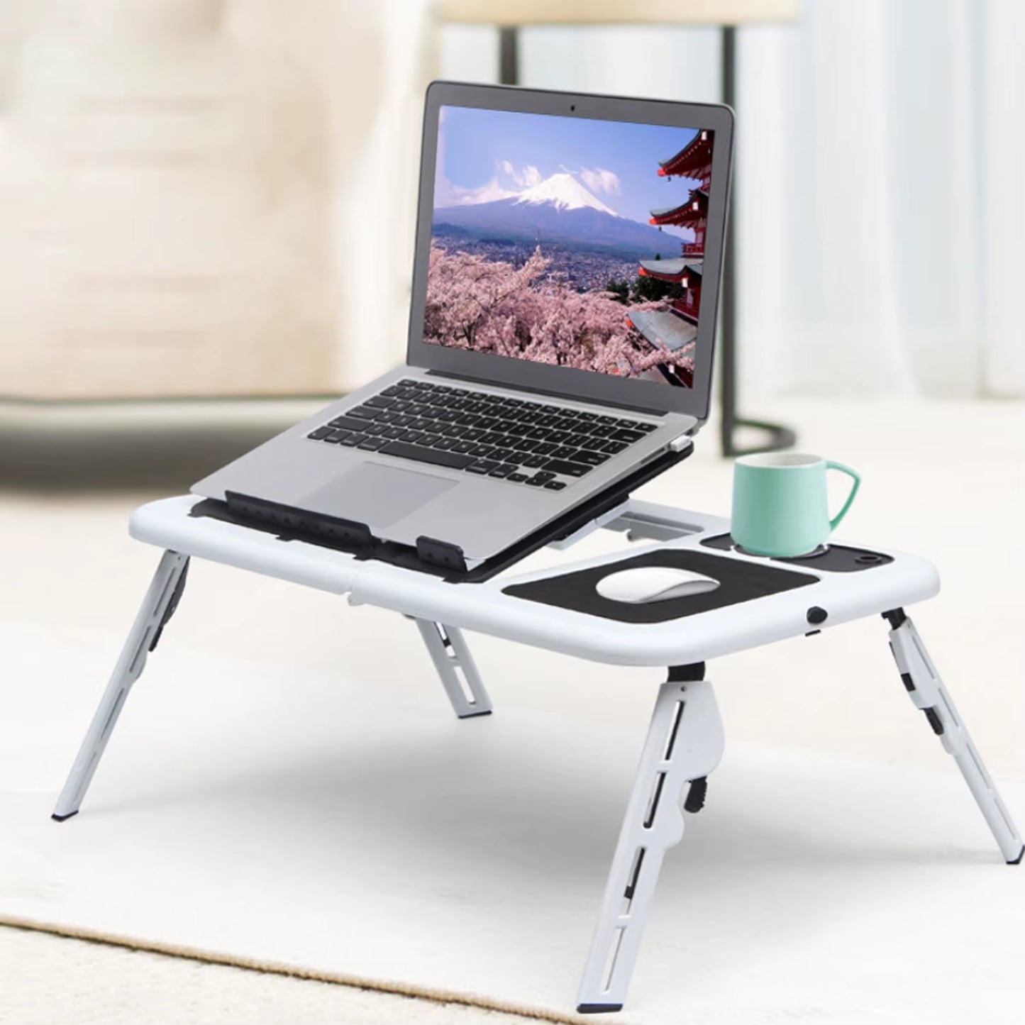 Portable Folding Adjustable Laptop Table Bed Table Tray USB Notebook PC Table Stand with 2 Cooling Fans Mouse Cup Holder