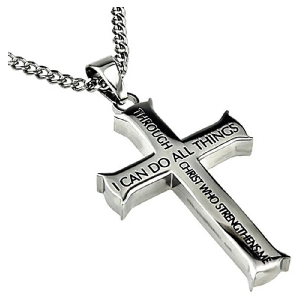 Philippians 4:13 Jewelry Cross Necklace STRENGTH Bible Verse Stainless Steel 20 Inch Curb Chain