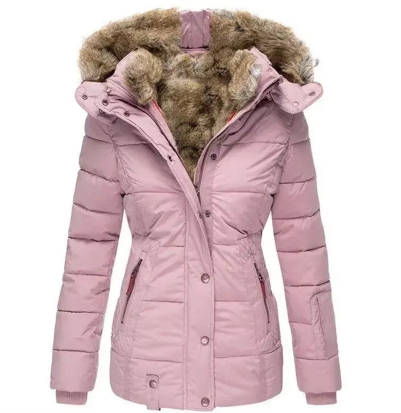 Winter Warm Wool Collar Cotton Coat Womens Zipper Long Sleeve Slim Fit Hooded Cotton Coat