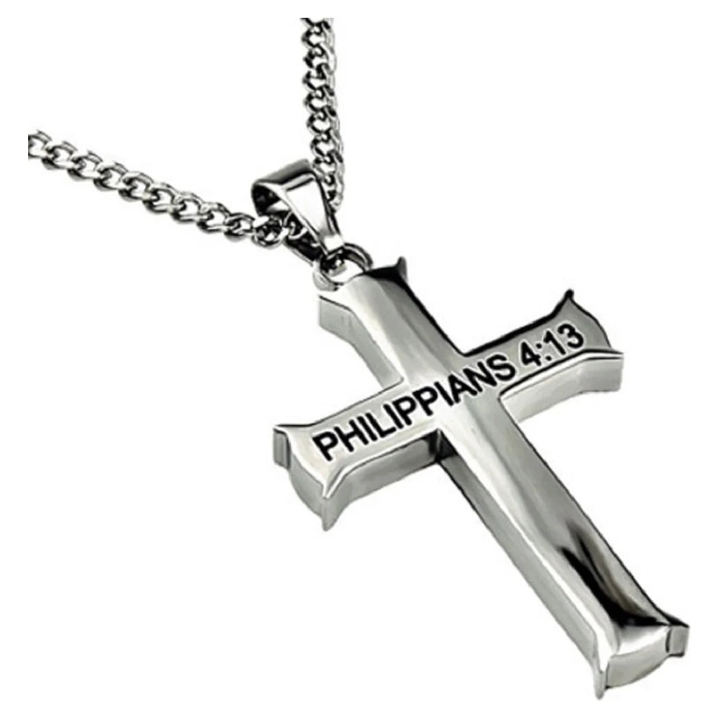 Philippians 4:13 Jewelry Cross Necklace STRENGTH Bible Verse Stainless Steel 20 Inch Curb Chain