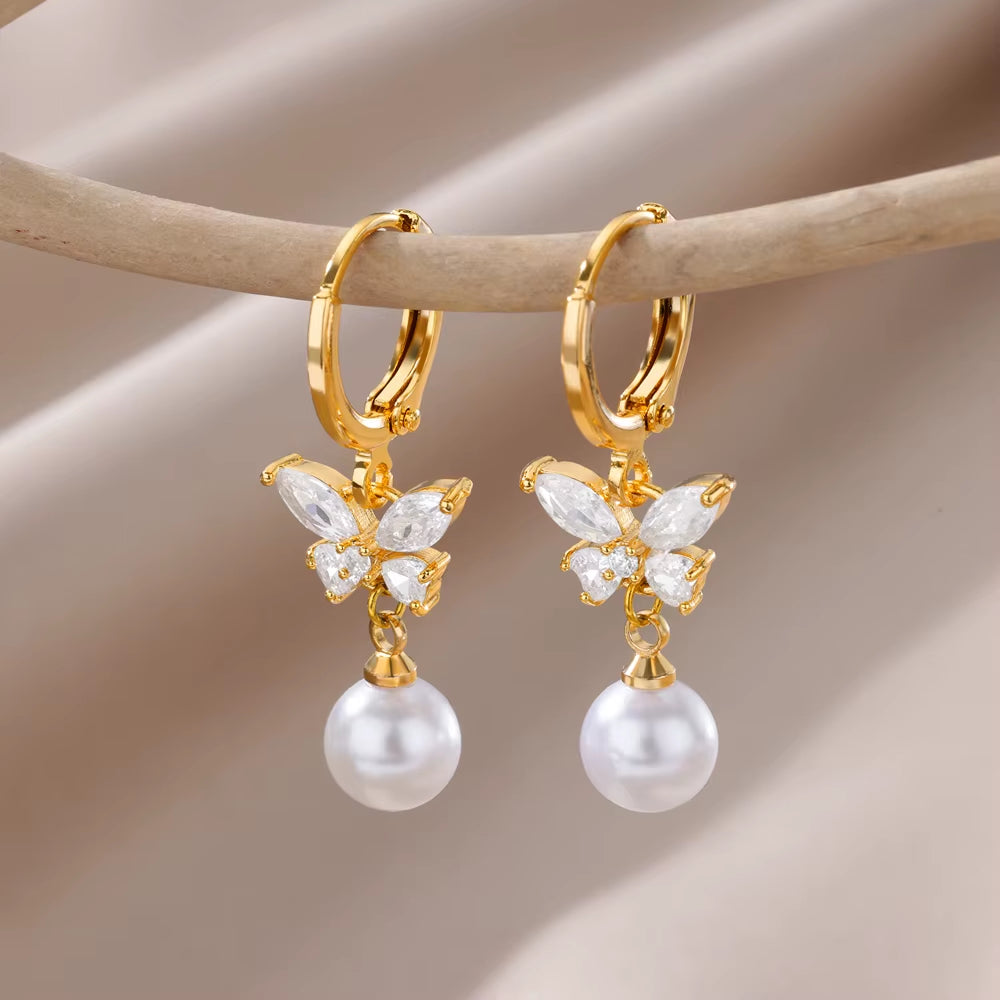 Zircon Pearl Earrings for Women 2023 Trending Stainless Steel Gold Color Drop Earring Wedding Party Luxury Jewelry Bijoux Femme