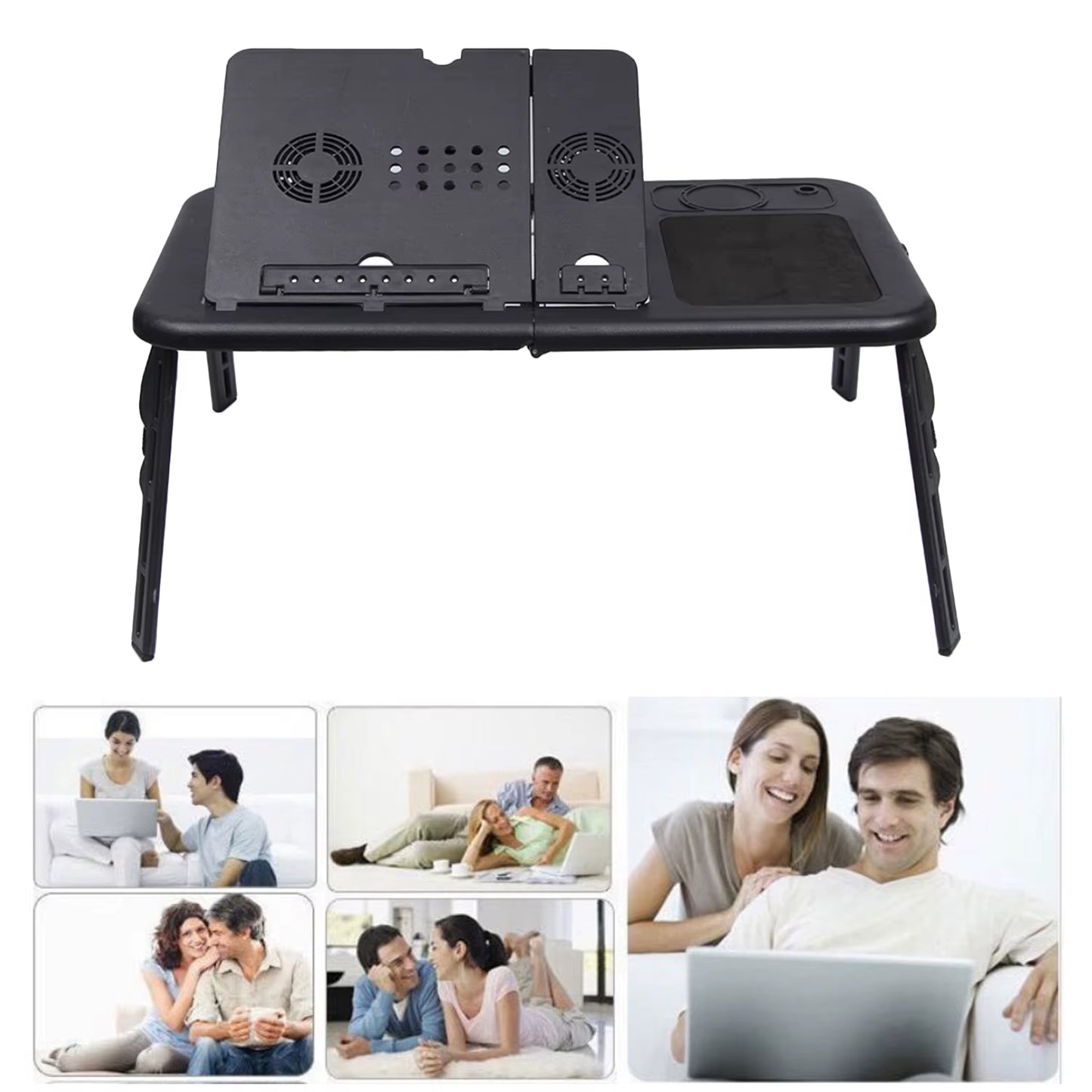 Portable Folding Adjustable Laptop Table Bed Table Tray USB Notebook PC Table Stand with 2 Cooling Fans Mouse Cup Holder