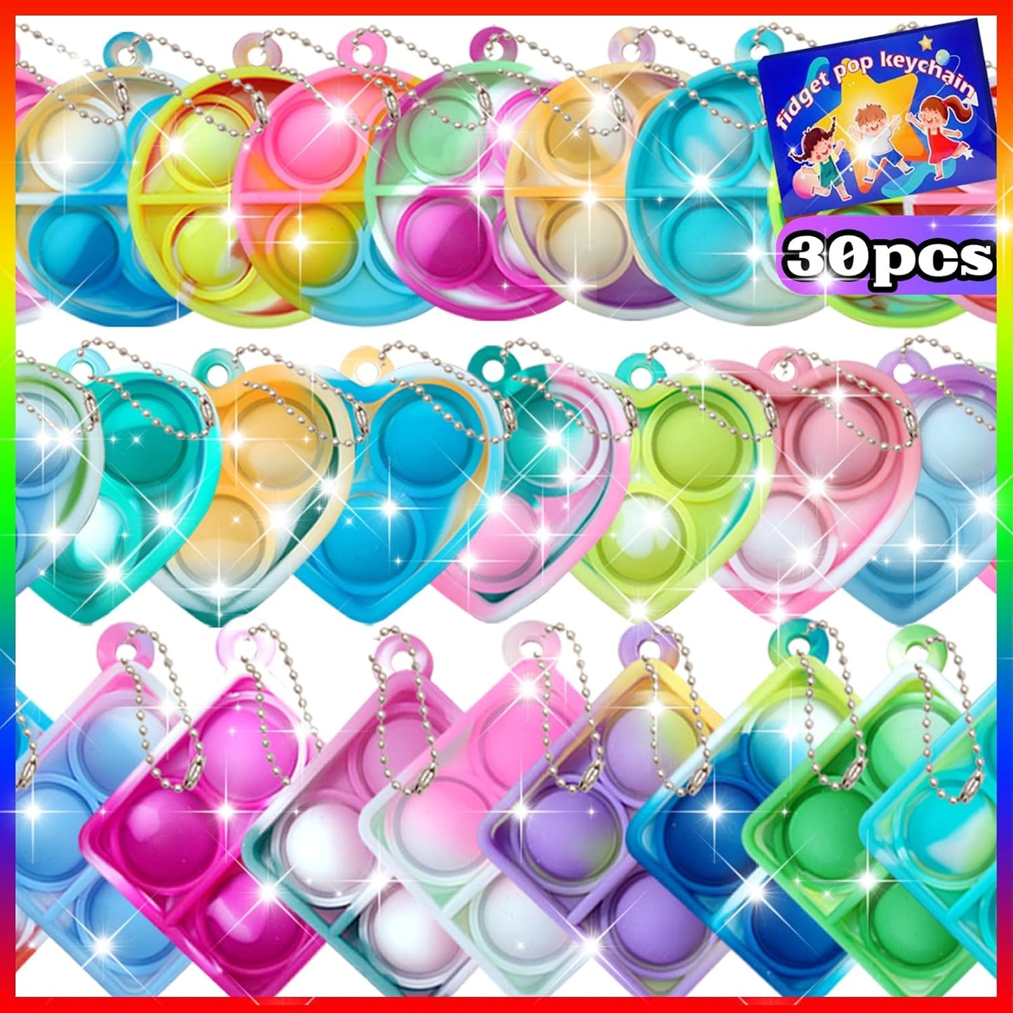 Pop Fidget Keychain It Mini Fidget Toys Bulk 30 Pack Party Favors for Kids 4-8,8-12 Year Boys Girls Push Pops Bulk Toys Its Small Prizes for Kids Classroom Birthday Party Favors Bubble Poppers