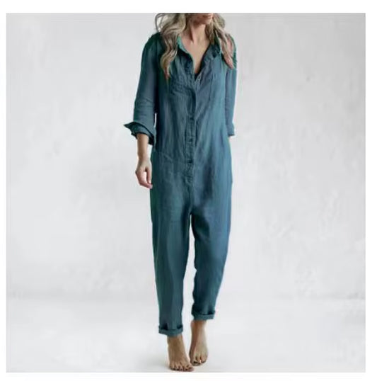 Casual Lapel Pocket Long Sleeved Solid Cotton Green Rompers Womens Jumpsuit