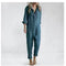 Casual Lapel Pocket Long Sleeved Solid Cotton Green Rompers Womens Jumpsuit