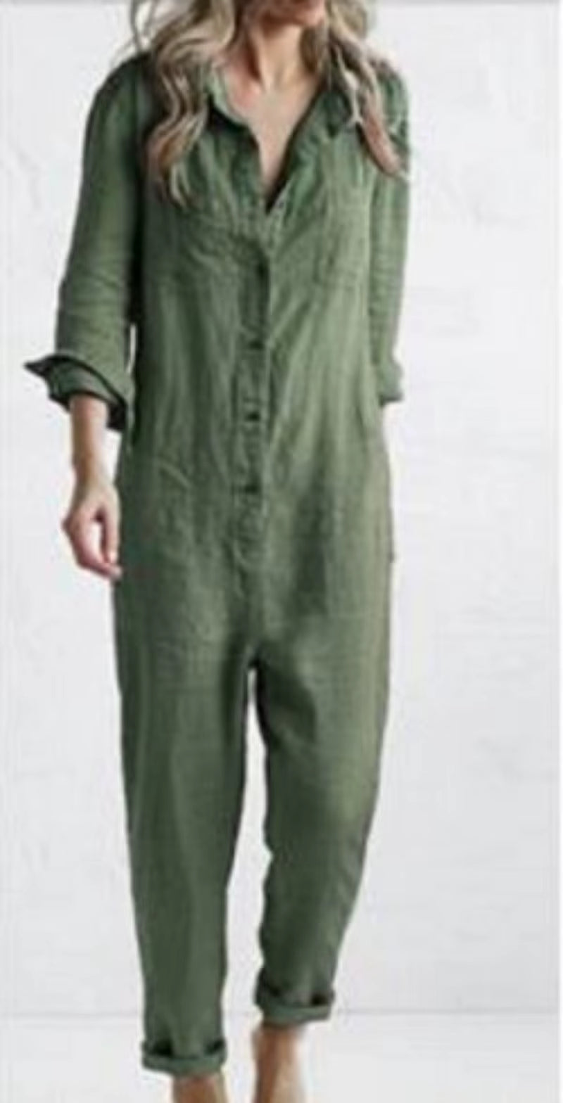 Casual Lapel Pocket Long Sleeved Solid Cotton Green Rompers Womens Jumpsuit