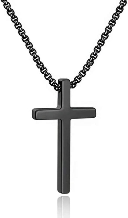 Cross Necklace for Men, Silver Black Gold Stainless Steel Plain Cross Pendant Necklace for Men Box Chain 16-30 Inch