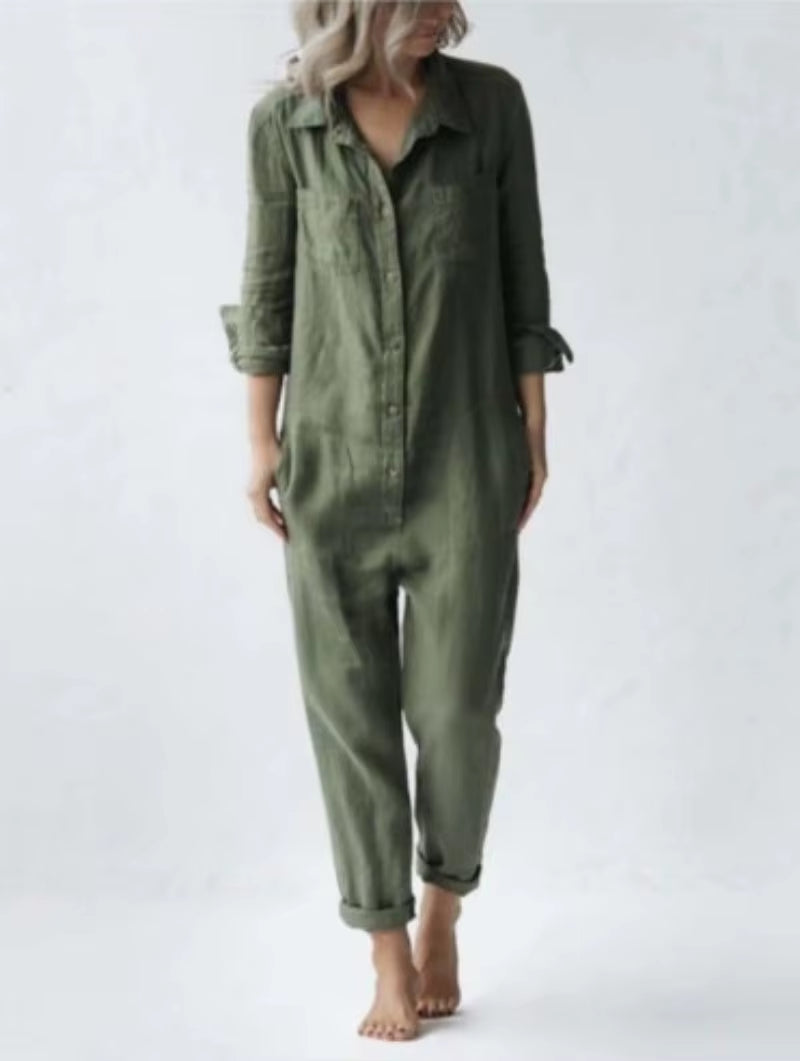 Casual Lapel Pocket Long Sleeved Solid Cotton Green Rompers Womens Jumpsuit